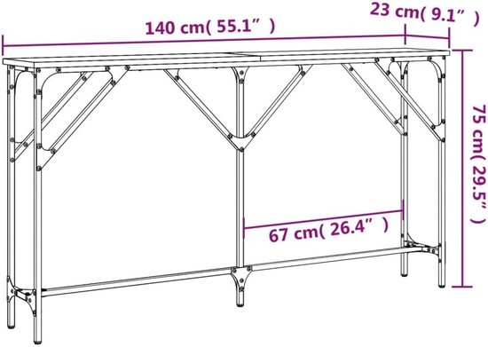 Sonoma eiken 140 x 23 x 75 cm hout met metalen frame en vijf verstelbare poten, robuuste bijzettafel en eettafel voor woonkamer of hal — afbeelding 5