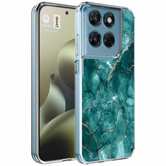 Motorola-hoes met groen en goud marmerontwerp, getoond vanuit een hoek.