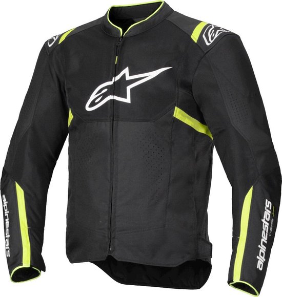 Zwarte Alpinestars motorjas met neongele strepen op de mouwen en schouders. Logo's op borst, mouw en nek.