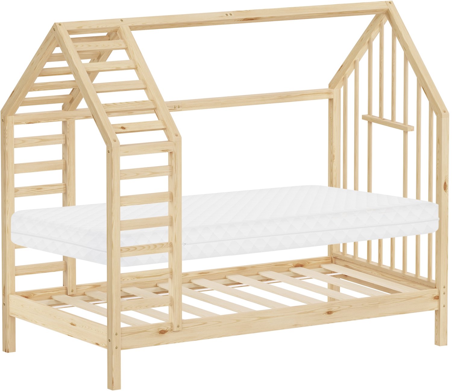 ml-design Kinderbed 80 x 160 cm met matras , huisbed met dak en raam, robuust bedframe van massief grenenhout, montessoribed voor meisjes en jongens belastbaar tot 90 kg, houten peuterbed met een eenvoudige montage voor de slaapkamer, naturel