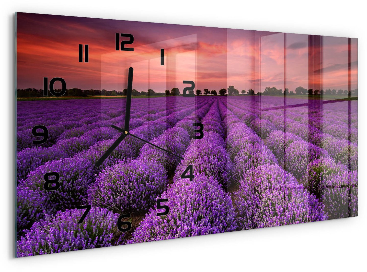 TULUP Wandklok - Lavendelveld Wandklok Glas Decoratie - 60x30 cm - Paars Gekleurde Glazen Klok - Zwarte handen - Rechthoekige Klok - Klok Glas Met Opdruk - Moderne Wandklok Glas