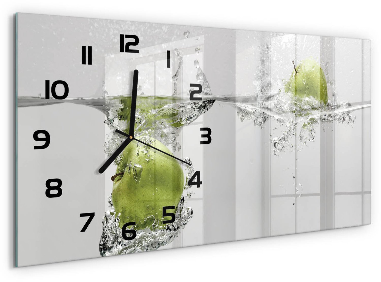 TULUP Wandklok - Appel onder water Wandklok Glas Met Motief - 60x30 cm - Groente Decoratieve Glazen Klok - Zwarte handen - Rechthoekige Klok - Gekleurde Glazen Klok - Glazen Klok Met Print