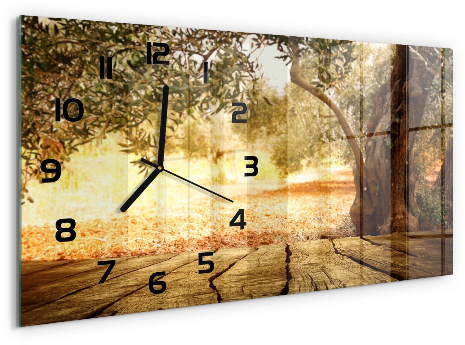 TULUP Wandklok - Olijfboom Klok Glas Met Opdruk - 60x30 cm - Bruin Moderne Wandklok Glas - Zwarte handen - Rechthoekige Klok - Decoratieve Glazen Klok - Glazen Wandklok Design
