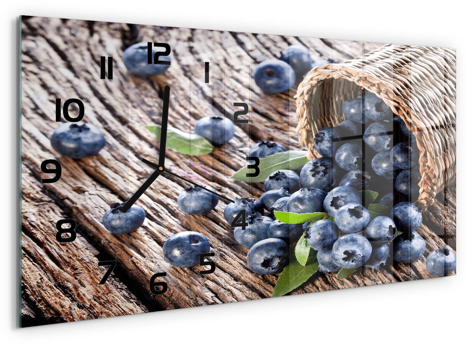TULUP Wandklok - Bosbessen in een mand Wandklok Glas Decoratie - 60x30 cm - Blauw Gekleurde Glazen Klok - Zwarte handen - Rechthoekige Klok - Klok Glas Met Opdruk - Moderne Wandklok Glas