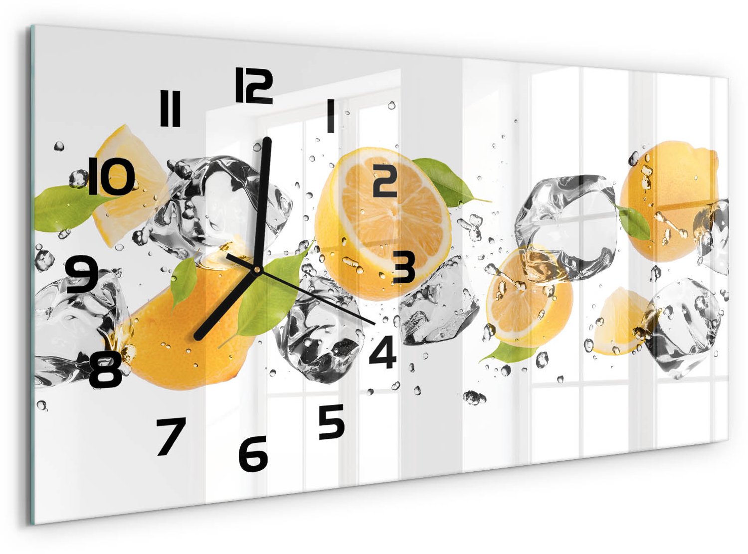 TULUP Wandklok - Citroen en water Gekleurde Glazen Klok - 60x30 cm - Geel Glazen Klok Met Print - Zwarte handen - Rechthoekige Klok - Moderne Wandklok Glas - Wandklok Glas Decoratie