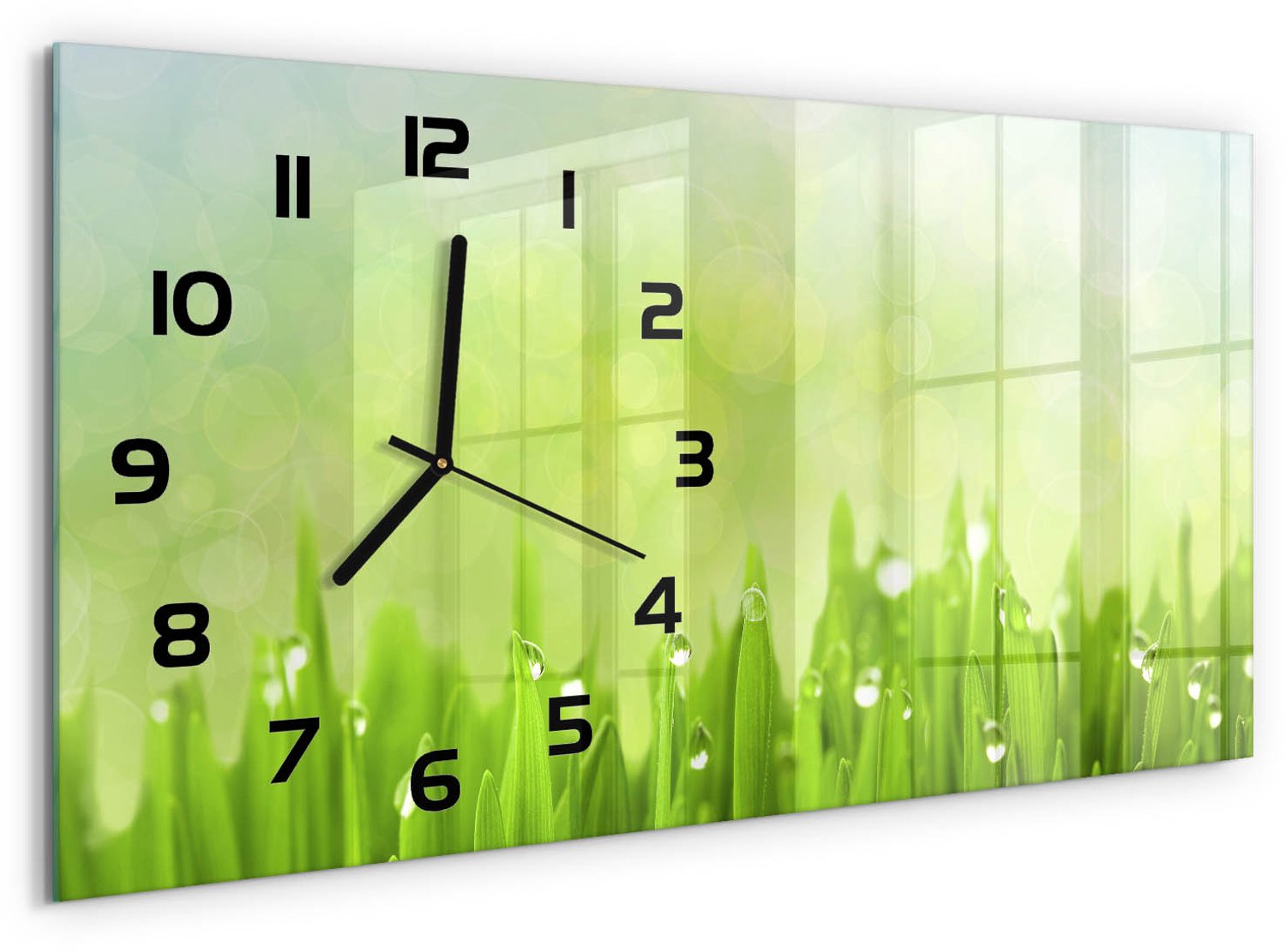 TULUP Wandklok - Gras Gekleurde Glazen Klok - 60x30 cm - Groente Glazen Klok Met Print - Zwarte handen - Rechthoekige Klok - Moderne Wandklok Glas - Wandklok Glas Decoratie