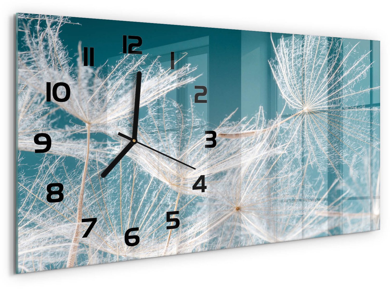 TULUP Wandklok - Paardenbloemzaden Wandklok Glas Decoratie - 60x30 cm - Wit Gekleurde Glazen Klok - Zwarte handen - Rechthoekige Klok - Klok Glas Met Opdruk - Moderne Wandklok Glas
