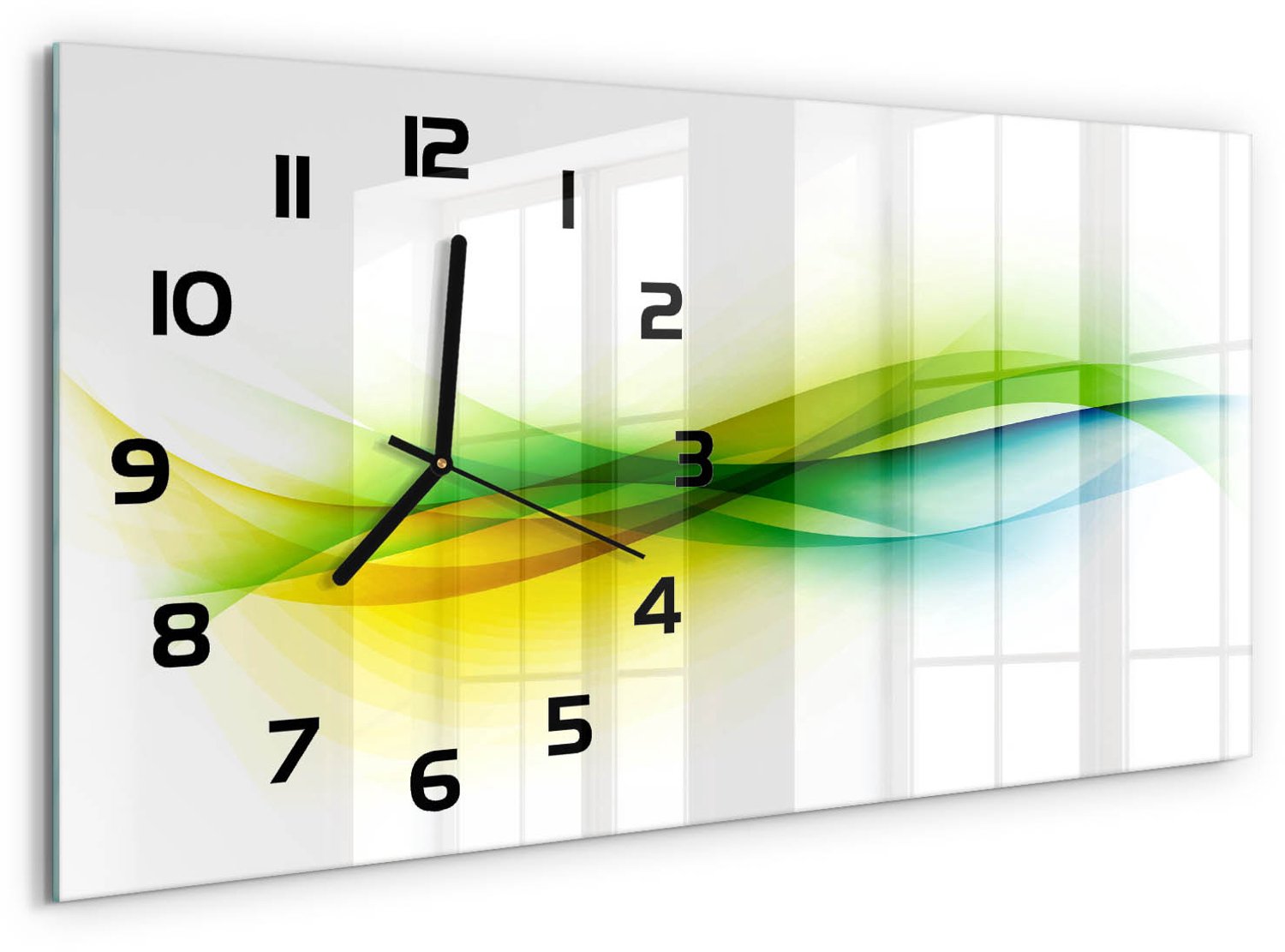 TULUP Wandklok - Golfabstractie Klok Glas Met Opdruk - 60x30 cm - Veelkleurig Moderne Wandklok Glas - Zwarte handen - Rechthoekige Klok - Decoratieve Glazen Klok - Glazen Wandklok Design