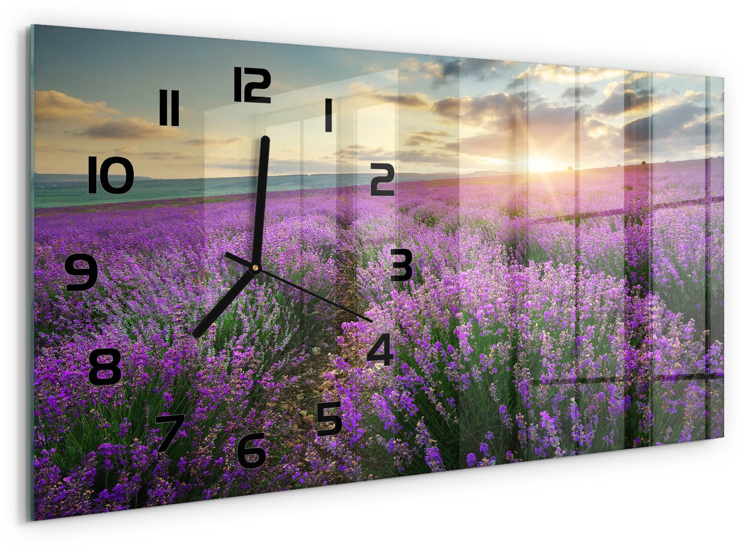 TULUP Wandklok - Lavendelveld Decoratieve Glazen Klok - 60x30 cm - Paars Glazen Wandklok Design - Zwarte handen - Rechthoekige Klok - Glazen Klok Met Print - Wandklok Glas Met Motief