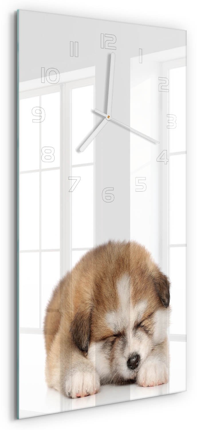 Tulup Wandklok - Akita-puppy Klok Glas Met Opdruk - 30x60 cm - Oranje Moderne Wandklok Glas - Witte handen - Rechthoekige Klok - Decoratieve Glazen Klok - Glazen Wandklok Design