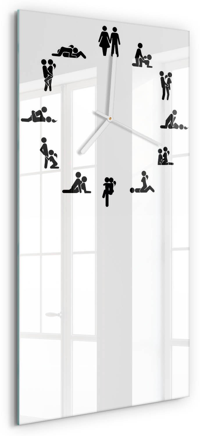 Tulup Wandklok - Kama Sutra Wandklok Glas Decoratie - 30x60 cm - Wit Gekleurde Glazen Klok - Witte handen - Rechthoekige Klok - Klok Glas Met Opdruk - Moderne Wandklok Glas