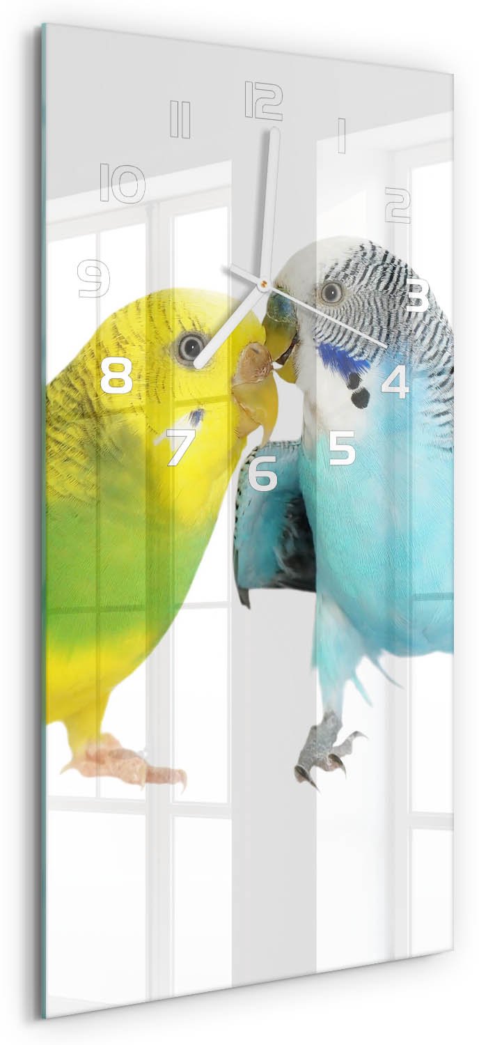 Tulup Wandklok - Parkieten Klok Glas Met Opdruk - 30x60 cm - Veelkleurig Moderne Wandklok Glas - Witte handen - Rechthoekige Klok - Decoratieve Glazen Klok - Glazen Wandklok Design