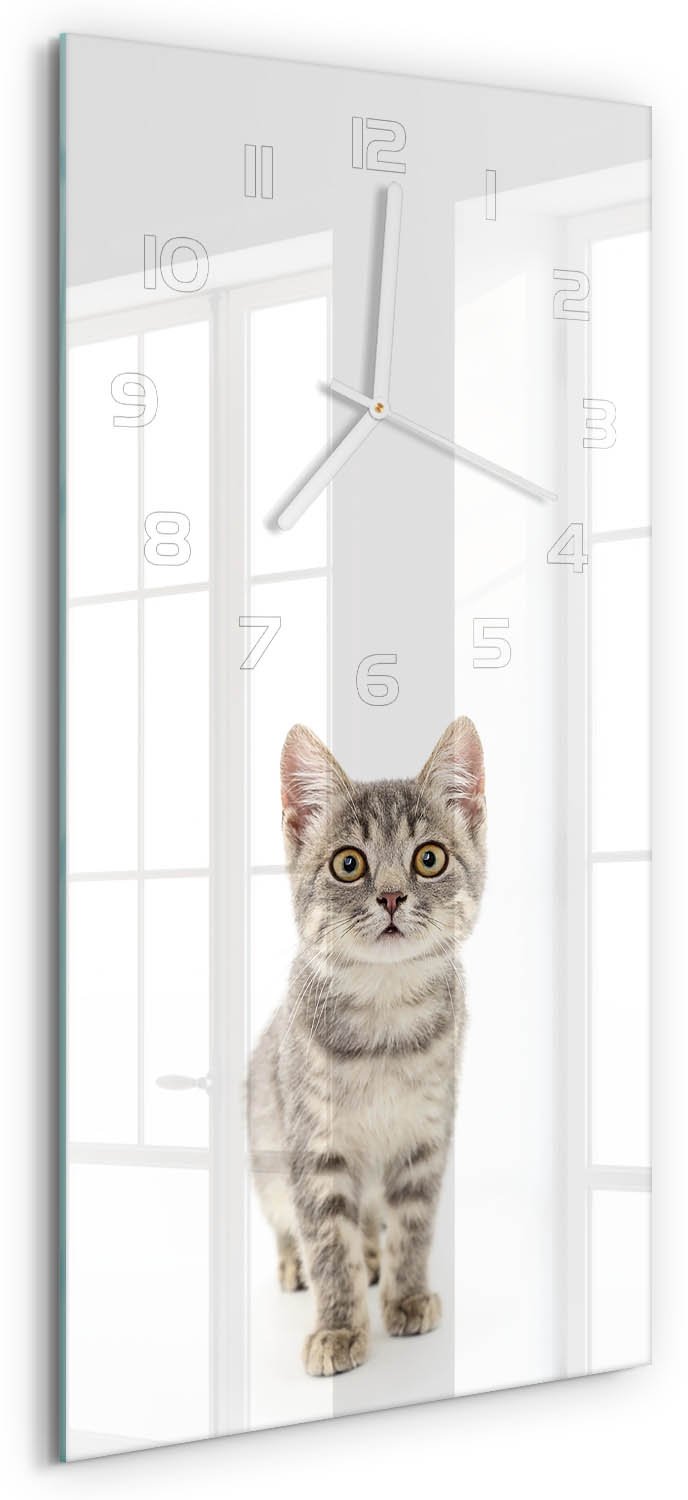 Tulup Wandklok - Grijze kat Decoratieve Glazen Klok - 30x60 cm - Grijs Glazen Wandklok Design - Witte handen - Rechthoekige Klok - Glazen Klok Met Print - Wandklok Glas Met Motief
