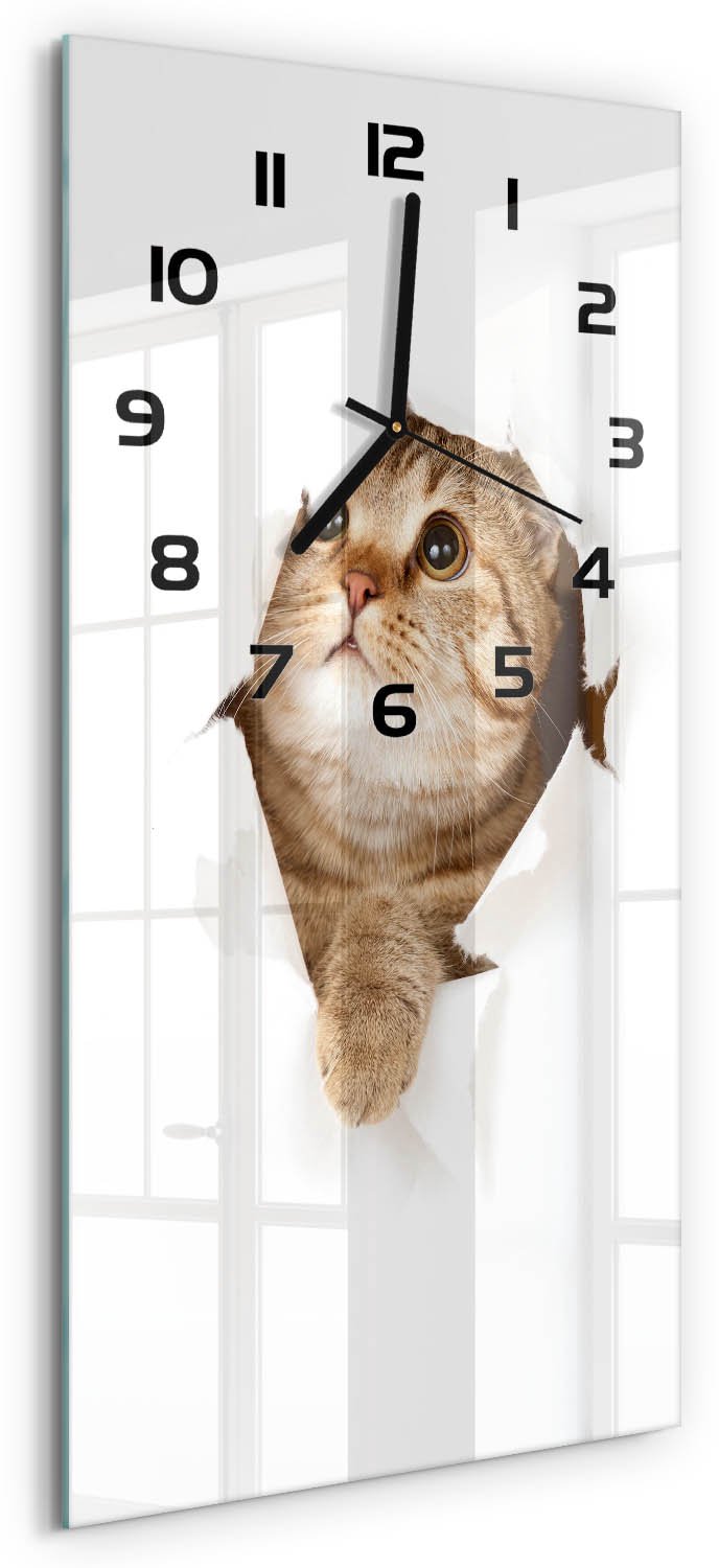 Tulup Wandklok - Kat Decoratieve Glazen Klok - 30x60 cm - Beige Glazen Wandklok Design - Zwarte handen - Rechthoekige Klok - Glazen Klok Met Print - Wandklok Glas Met Motief