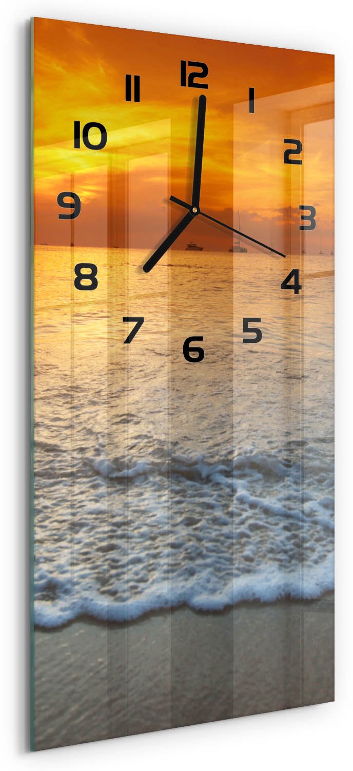 Tulup Wandklok - Zonsondergang Zee Gekleurde Glazen Klok - 30x60 cm - Oranje Glazen Klok Met Print - Zwarte handen - Rechthoekige Klok - Moderne Wandklok Glas - Wandklok Glas Decoratie