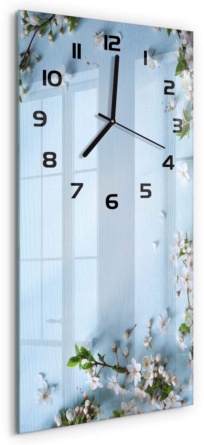 Tulup Wandklok - Kersenbloesem Glazen Wandklok Design - 30x60 cm - Blauw Klok Glas Met Opdruk - Zwarte handen - Rechthoekige Klok - Wandklok Glas Met Motief - Decoratieve Glazen Klok