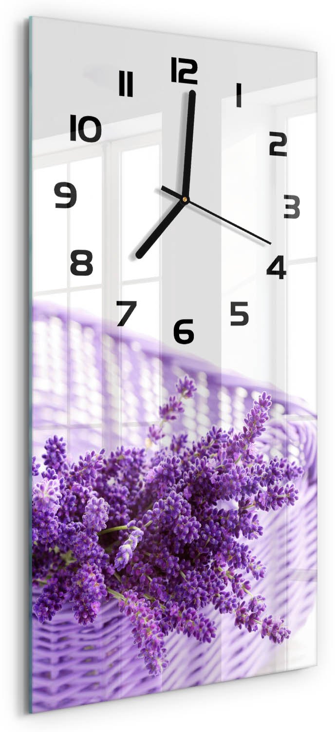 Tulup Wandklok - Lavendel in een mand Klok Glas Met Opdruk - 30x60 cm - Paars Moderne Wandklok Glas - Zwarte handen - Rechthoekige Klok - Decoratieve Glazen Klok - Glazen Wandklok Design