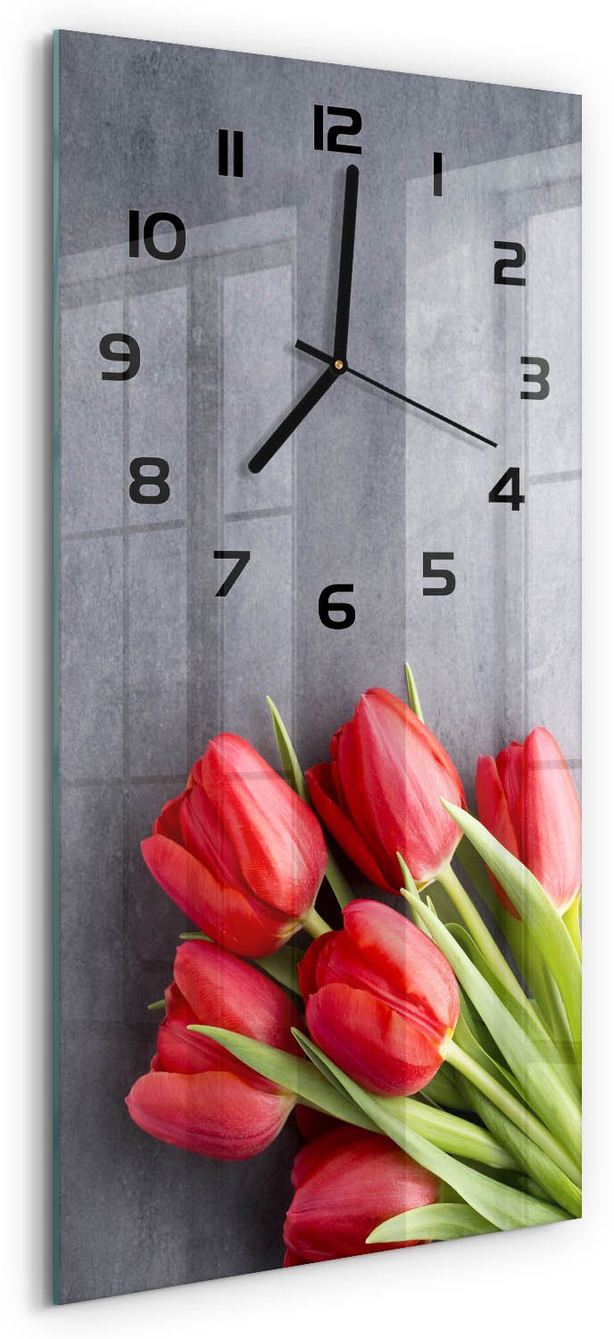 Tulup Wandklok - Rode tulpen Gekleurde Glazen Klok - 30x60 cm - Rood Glazen Klok Met Print - Zwarte handen - Rechthoekige Klok - Moderne Wandklok Glas - Wandklok Glas Decoratie