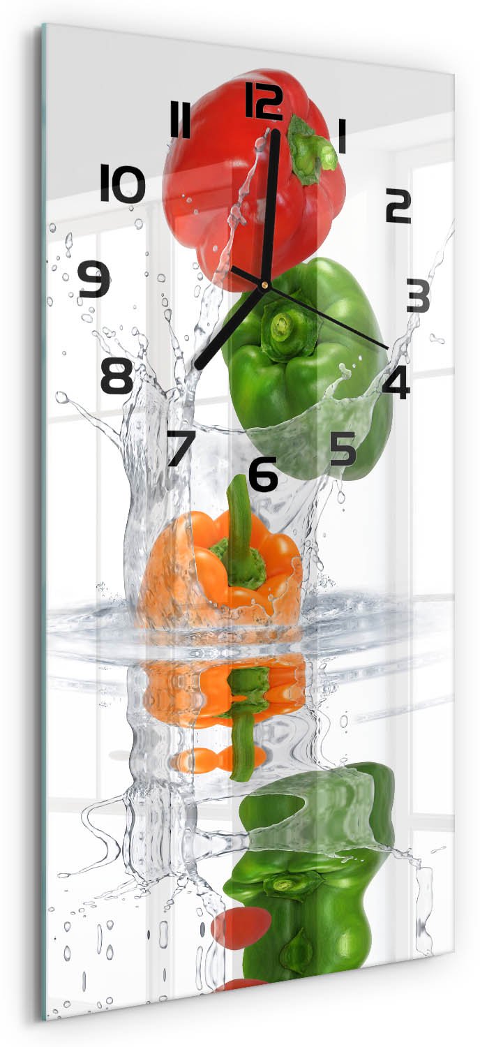 Tulup Wandklok - Peper Glazen Wandklok Design - 30x60 cm - Veelkleurig Klok Glas Met Opdruk - Zwarte handen - Rechthoekige Klok - Wandklok Glas Met Motief - Decoratieve Glazen Klok