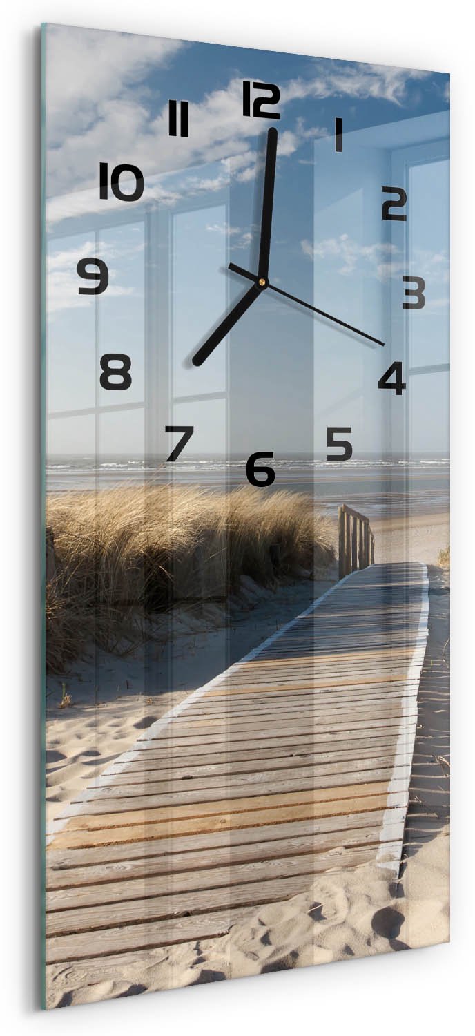 Tulup Wandklok - De weg naar het strand Glazen Wandklok Design - 30x60 cm - Beige Klok Glas Met Opdruk - Zwarte handen - Rechthoekige Klok - Wandklok Glas Met Motief - Decoratieve Glazen Klok