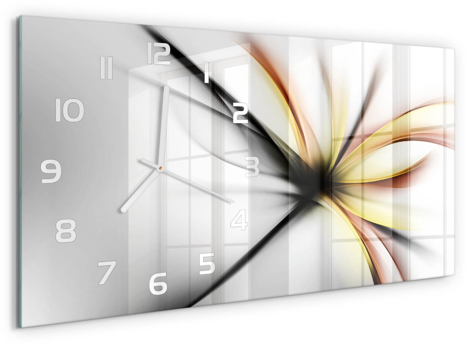 TULUP Wandklok - Bloemabstractie Glazen Wandklok Design - 60x30 cm - Geel Klok Glas Met Opdruk - Witte handen - Rechthoekige Klok - Wandklok Glas Met Motief - Decoratieve Glazen Klok