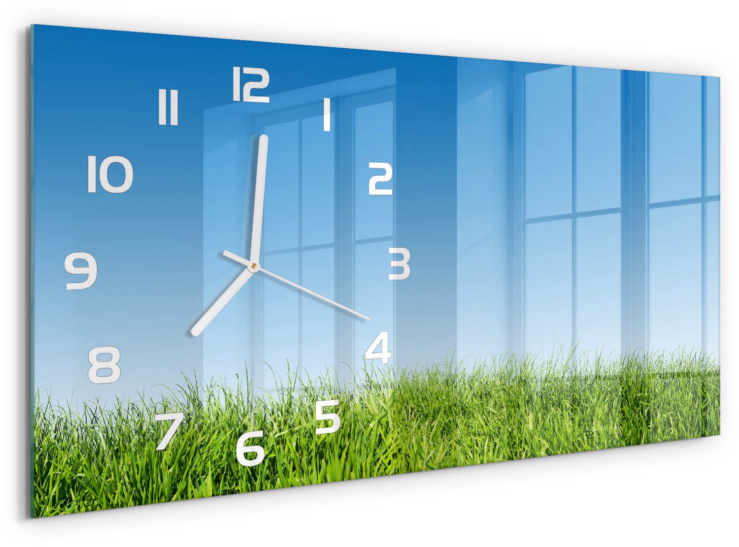 TULUP Wandklok - Gras Gekleurde Glazen Klok - 60x30 cm - Groente Glazen Klok Met Print - Witte handen - Rechthoekige Klok - Moderne Wandklok Glas - Wandklok Glas Decoratie