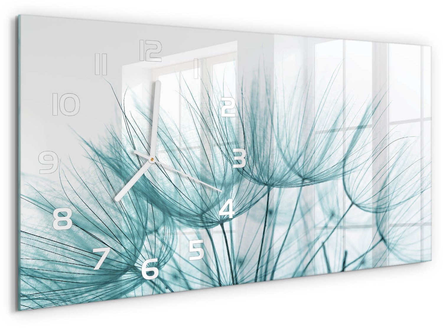 TULUP Wandklok - Paardenbloemzaden Glazen Wandklok Design - 60x30 cm - Wit Klok Glas Met Opdruk - Witte handen - Rechthoekige Klok - Wandklok Glas Met Motief - Decoratieve Glazen Klok