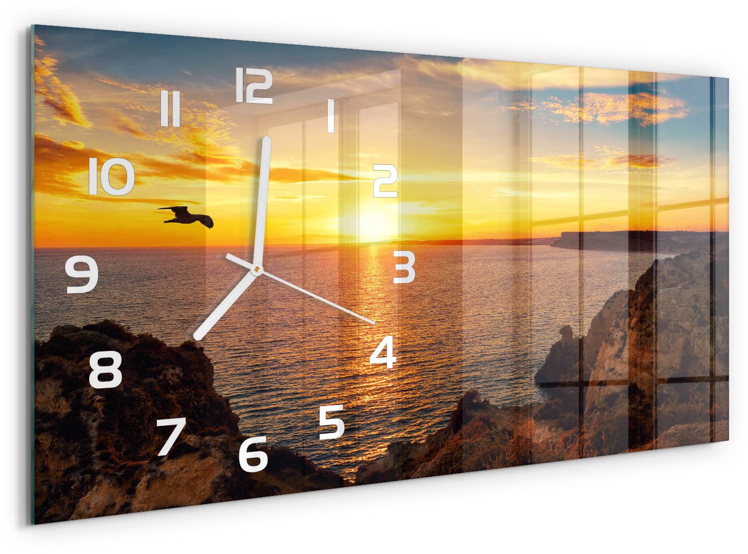 TULUP Wandklok - Zonsondergang Zee Wandklok Glas Decoratie - 60x30 cm - Geel Gekleurde Glazen Klok - Witte handen - Rechthoekige Klok - Klok Glas Met Opdruk - Moderne Wandklok Glas