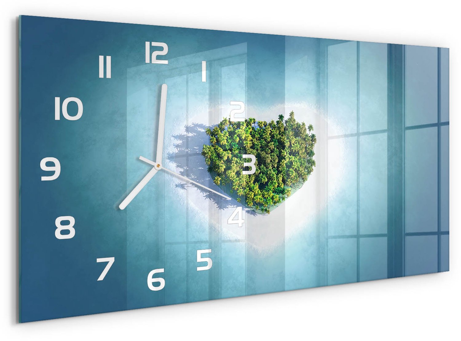 TULUP Wandklok - Hartvormig eiland Wandklok Glas Decoratie - 60x30 cm - Blauw Gekleurde Glazen Klok - Witte handen - Rechthoekige Klok - Klok Glas Met Opdruk - Moderne Wandklok Glas
