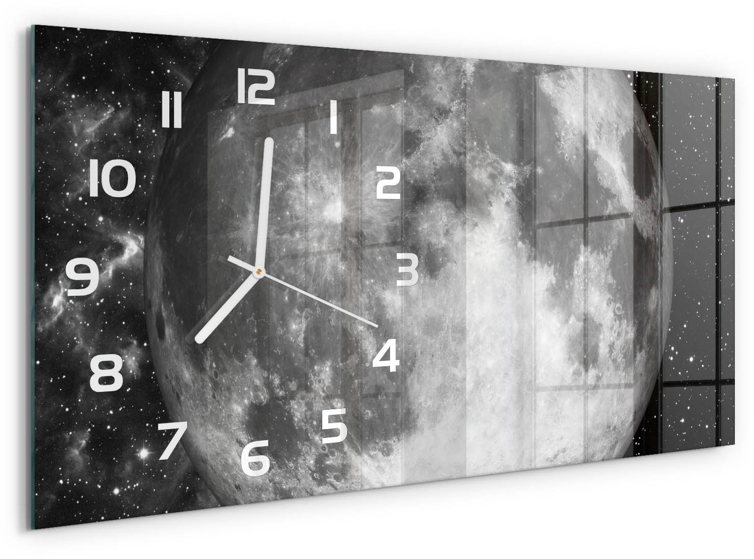 TULUP Wandklok - Maan Moderne Wandklok Glas - 60x30 cm - Zwart-wit Wandklok Glas Decoratie - Witte handen - Rechthoekige Klok - Glazen Wandklok Design - Klok Glas Met Opdruk