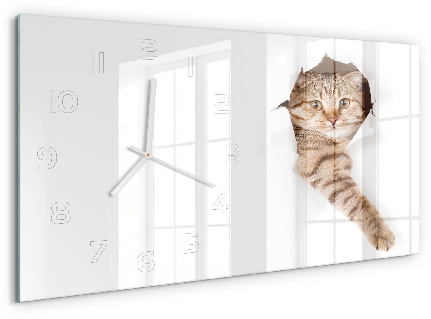 TULUP Wandklok - Kat Gekleurde Glazen Klok - 60x30 cm - Beige Glazen Klok Met Print - Witte handen - Rechthoekige Klok - Moderne Wandklok Glas - Wandklok Glas Decoratie