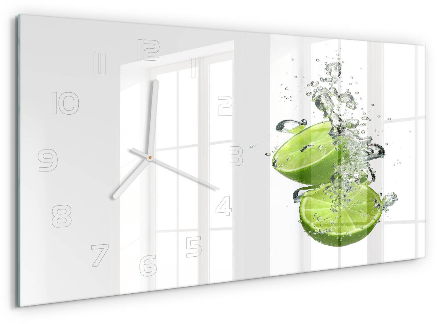 TULUP Wandklok - Kalk onder water Wandklok Glas Decoratie - 60x30 cm - Groente Gekleurde Glazen Klok - Witte handen - Rechthoekige Klok - Klok Glas Met Opdruk - Moderne Wandklok Glas