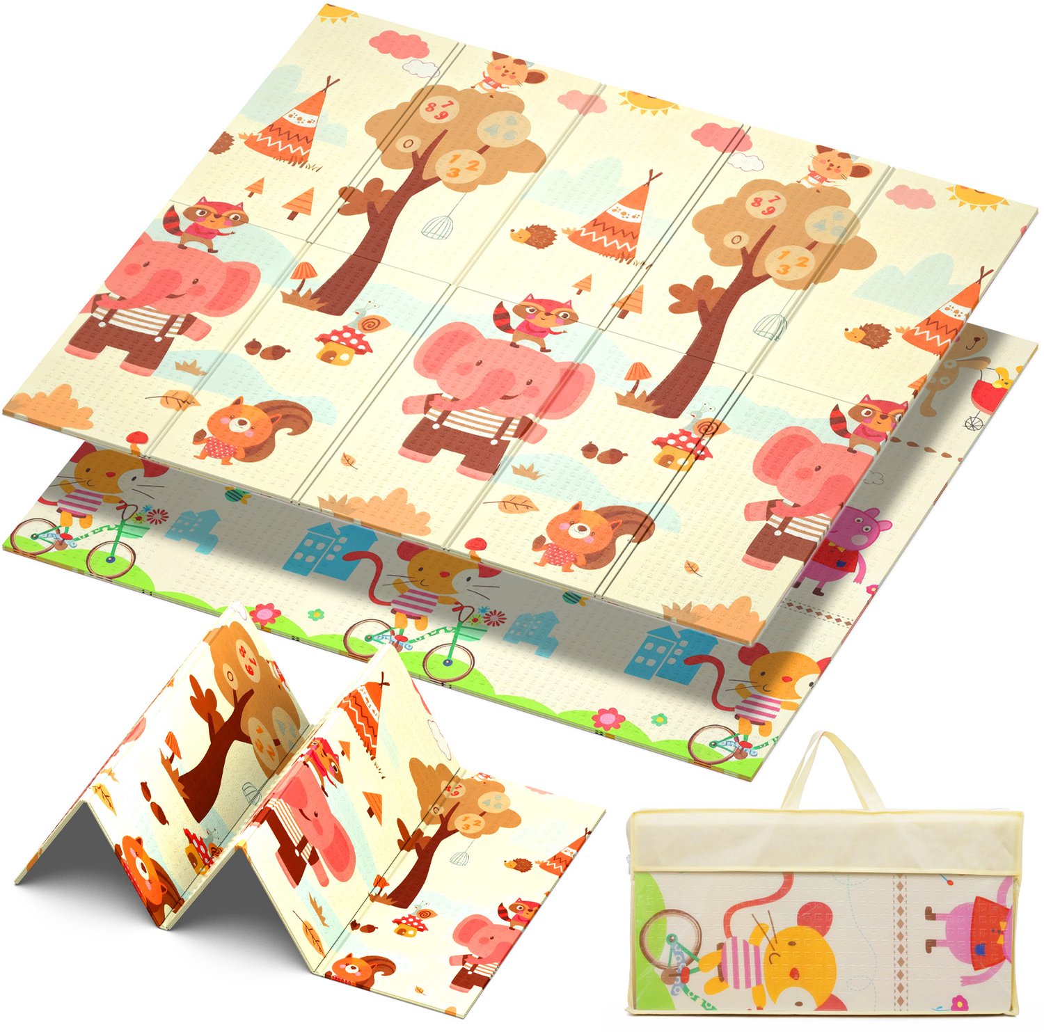 Arvioo - baby speelmat - olifant - 200x180cm - dubbelzijdig - opvouwbaar - met opbergtas