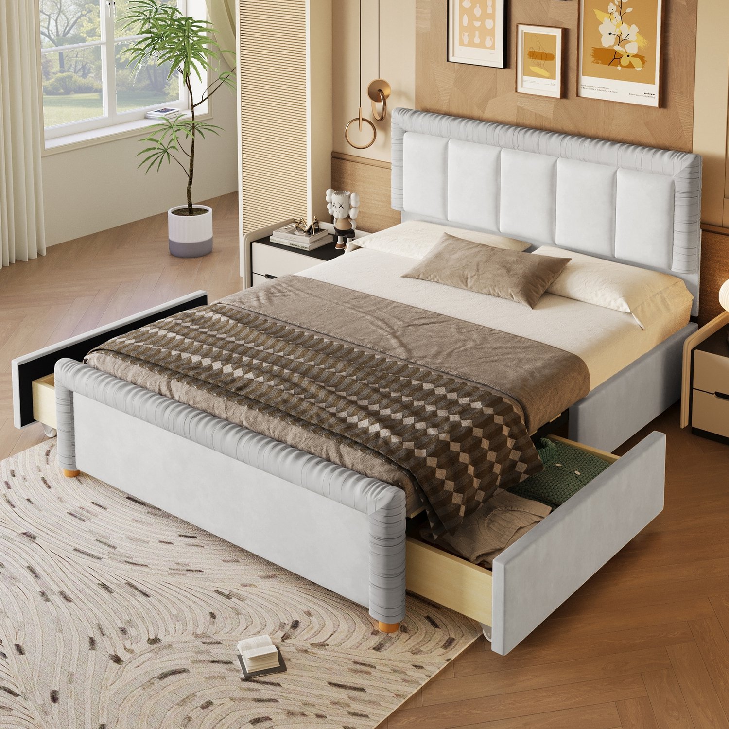 Sweiko Gestoffeerd bed - 140 x 200 cm - Tweepersoonsbed - Velvet - Met 2 lades - Grijs