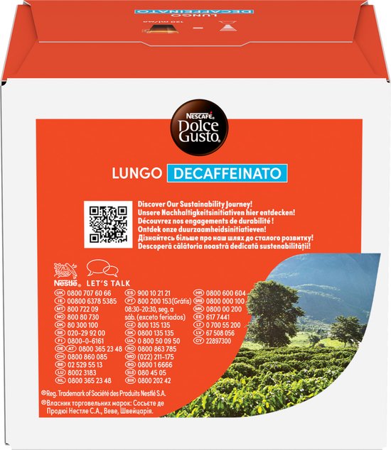 Zijkant van de verpakking met QR-code voor duurzaamheidsinformatie, contactgegevens en een koffieplantage.