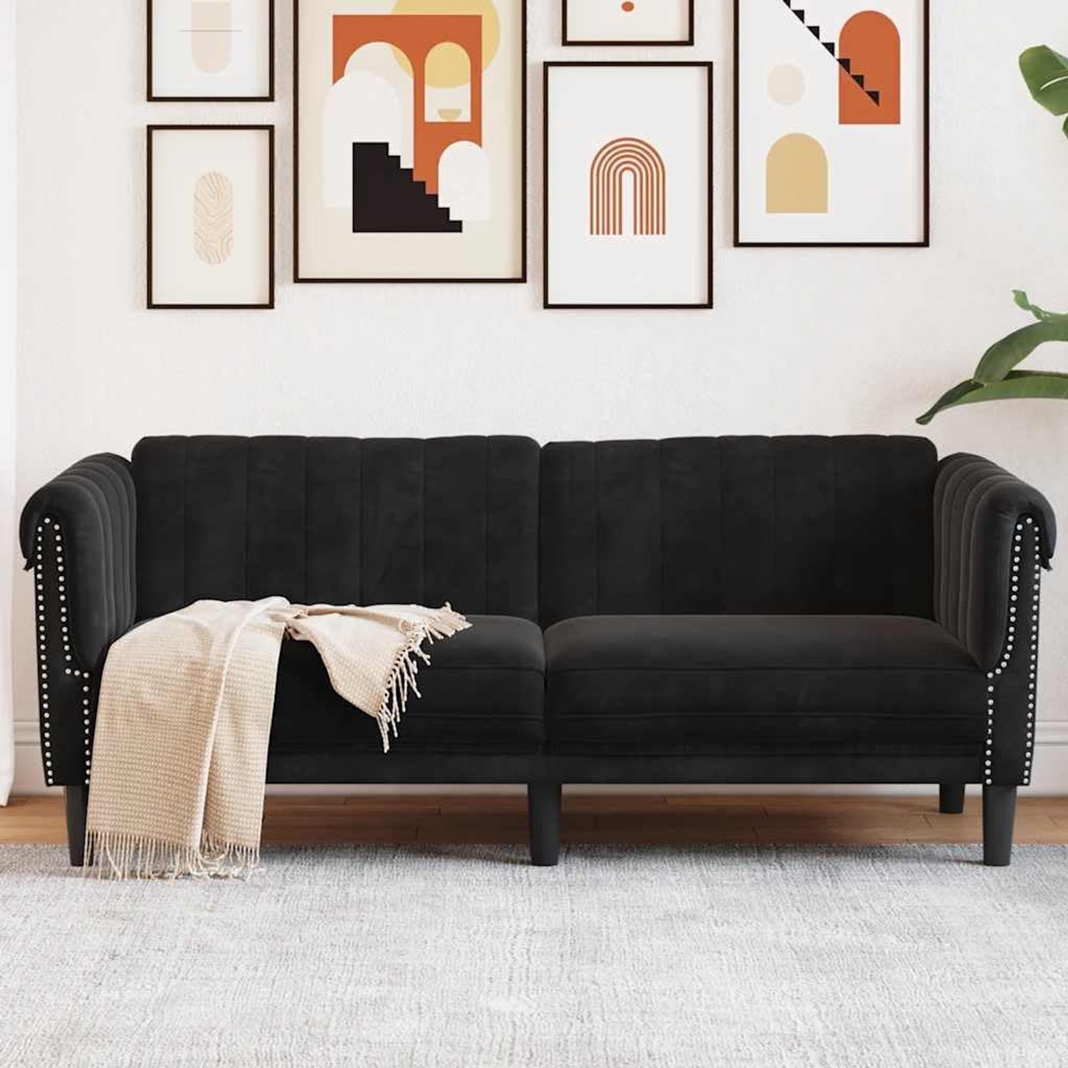 2-zits sofa fluweel zwart zacht luxe comfortabel zitgevoel dik gevoerd stabiele poten modern design woonkamer set blikvanger ontspannen lezen televisie kijken
