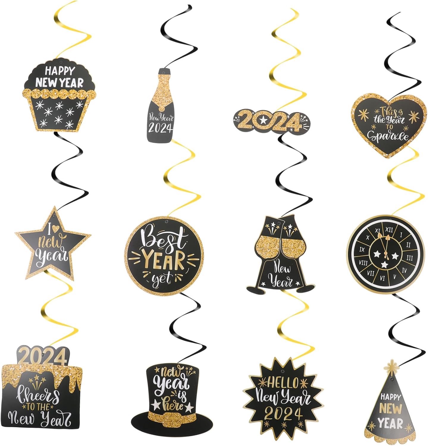 12 Stuks Delige Nieuwjaarsfeest Zwart-gouden Spiraal Hangornamenten voor Thuis Kantoor Eenvoudig Te Installeren Zegeningshangers voor Festival Feestelijke Sfeer