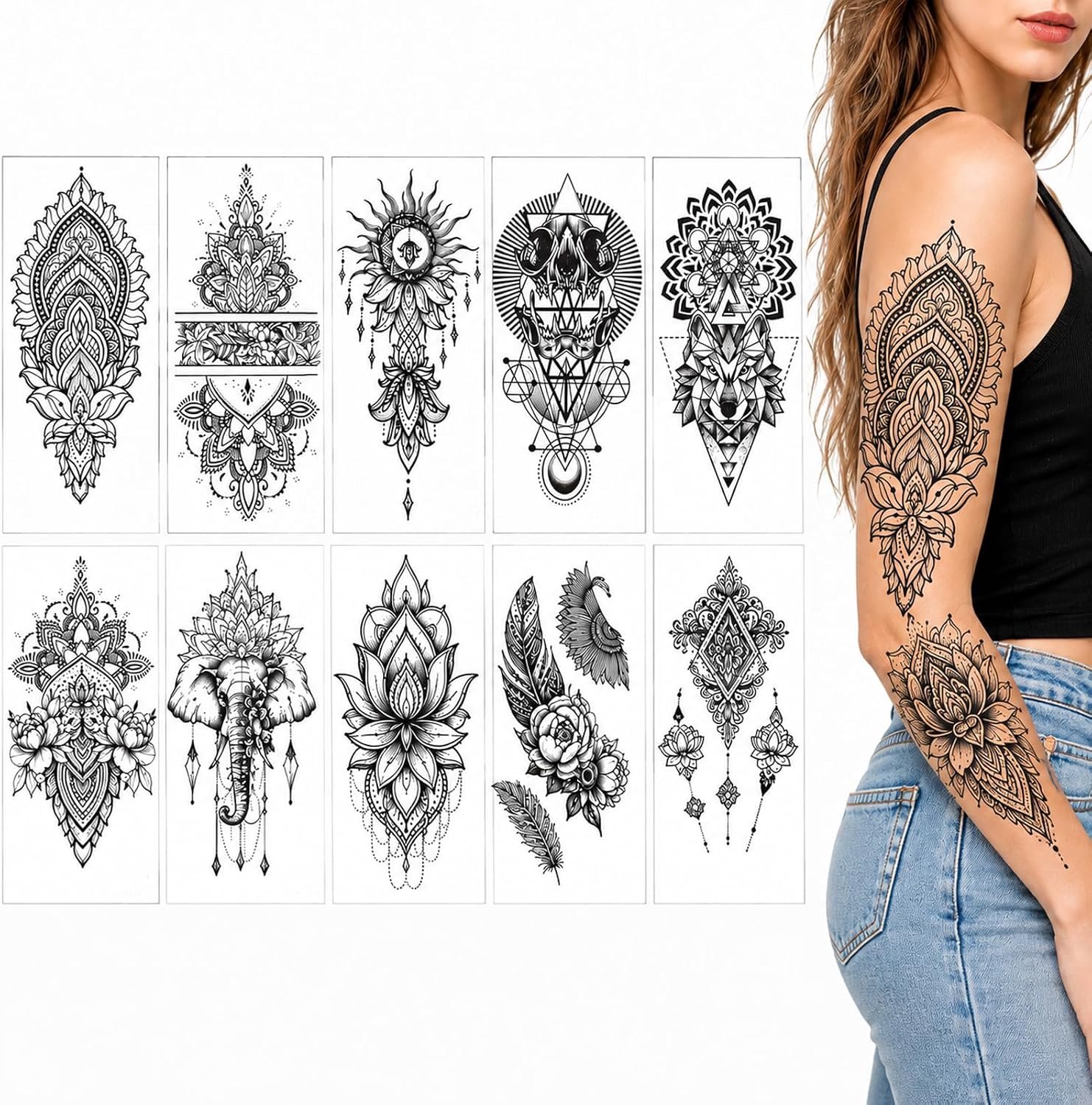 Tijdelijke tatoeages, halve arm, valse tatoeages voor dames en heren