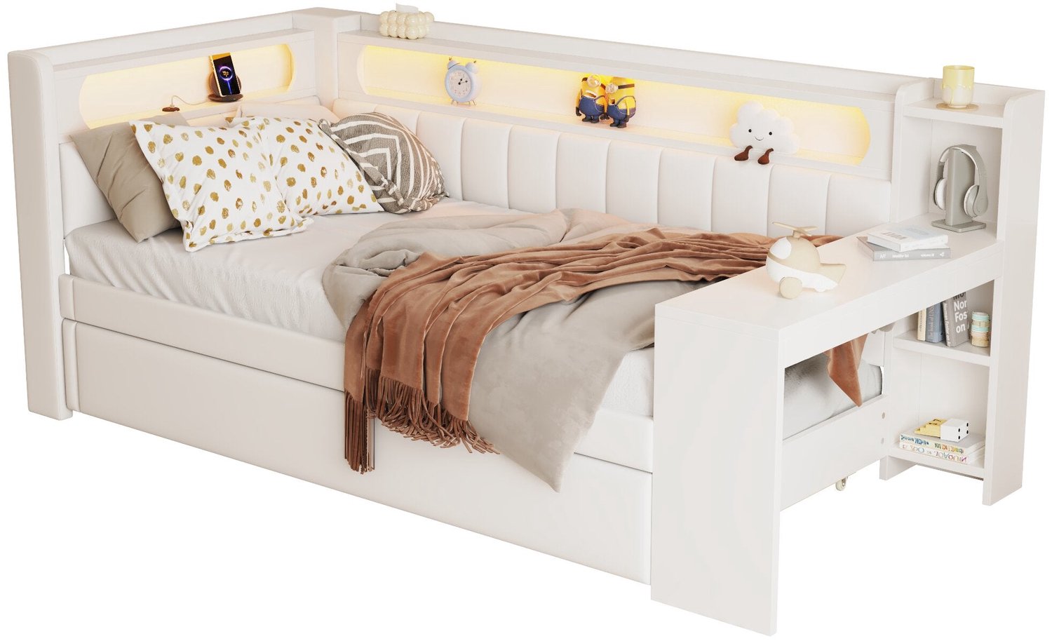 Merax Gestoffeerde Slaapbank 90 x 200 cm - Wit - Uitschuifbaar Logeerbed 90 x 190 cm - Bureau - Opbergvakken - LED Verlichting - Laadaansluiting