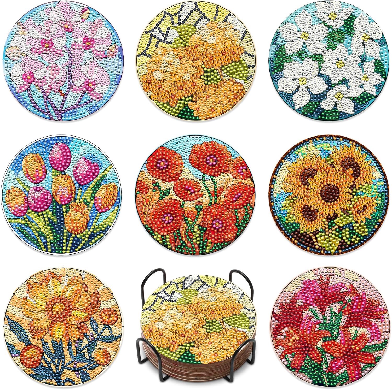 Diamond painting onderzetters 8 stuks - Inclusief houde - Motieven antislip - DIY knutselset geschikt voor kantoor, huis en keuken