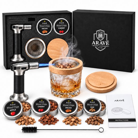 Aravé whiskey rookset met 4 soorten hout, gasbrander, borstel en instructies in een geschenkdoos.