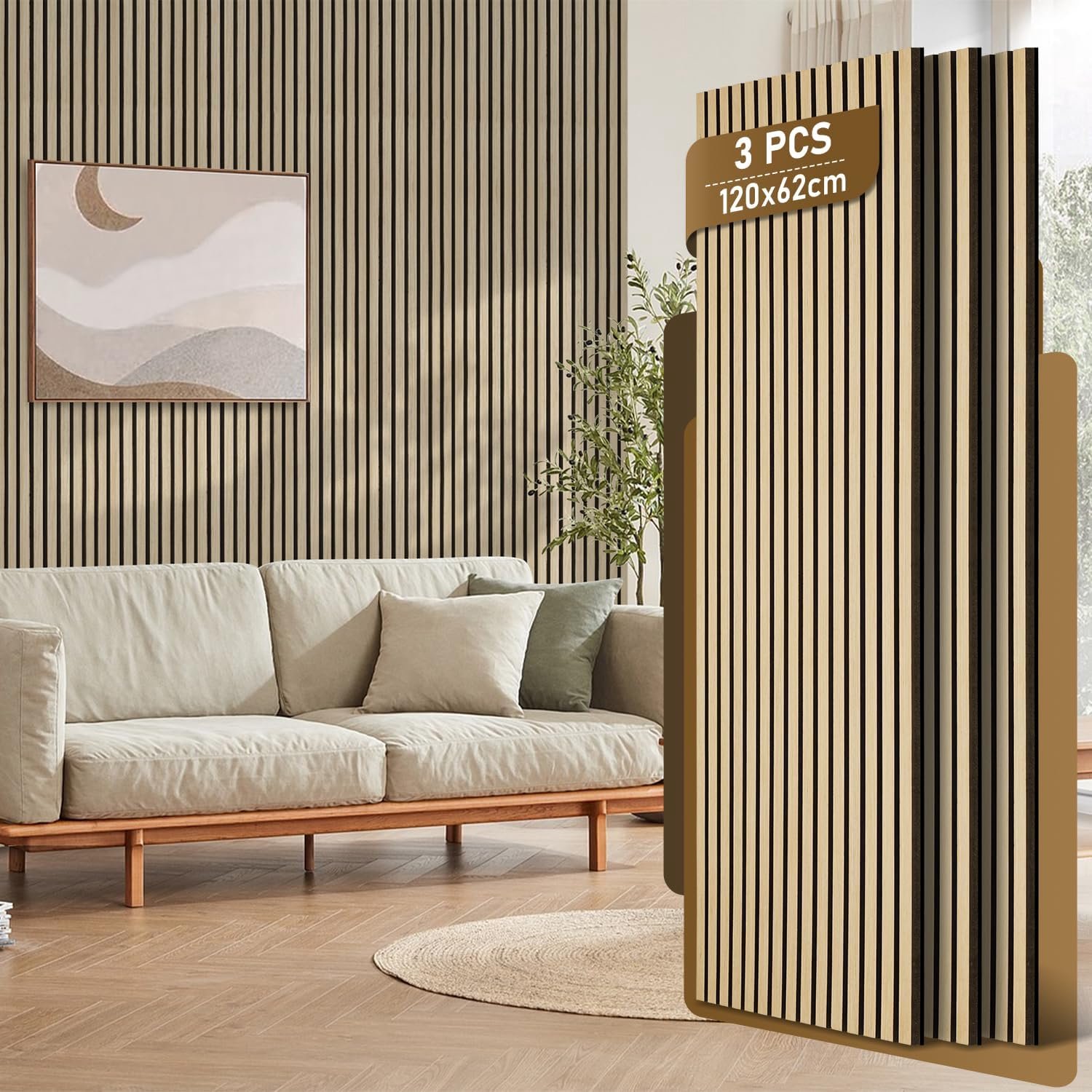 Akoestische panelen, 3 stuks, 120 x 60 cm, wandpanelen van houtfineer en vilt, houten panelen, ruw hout, wandbekleding voor studio en thuis, binnenwanddecoratie, grote afdekking
