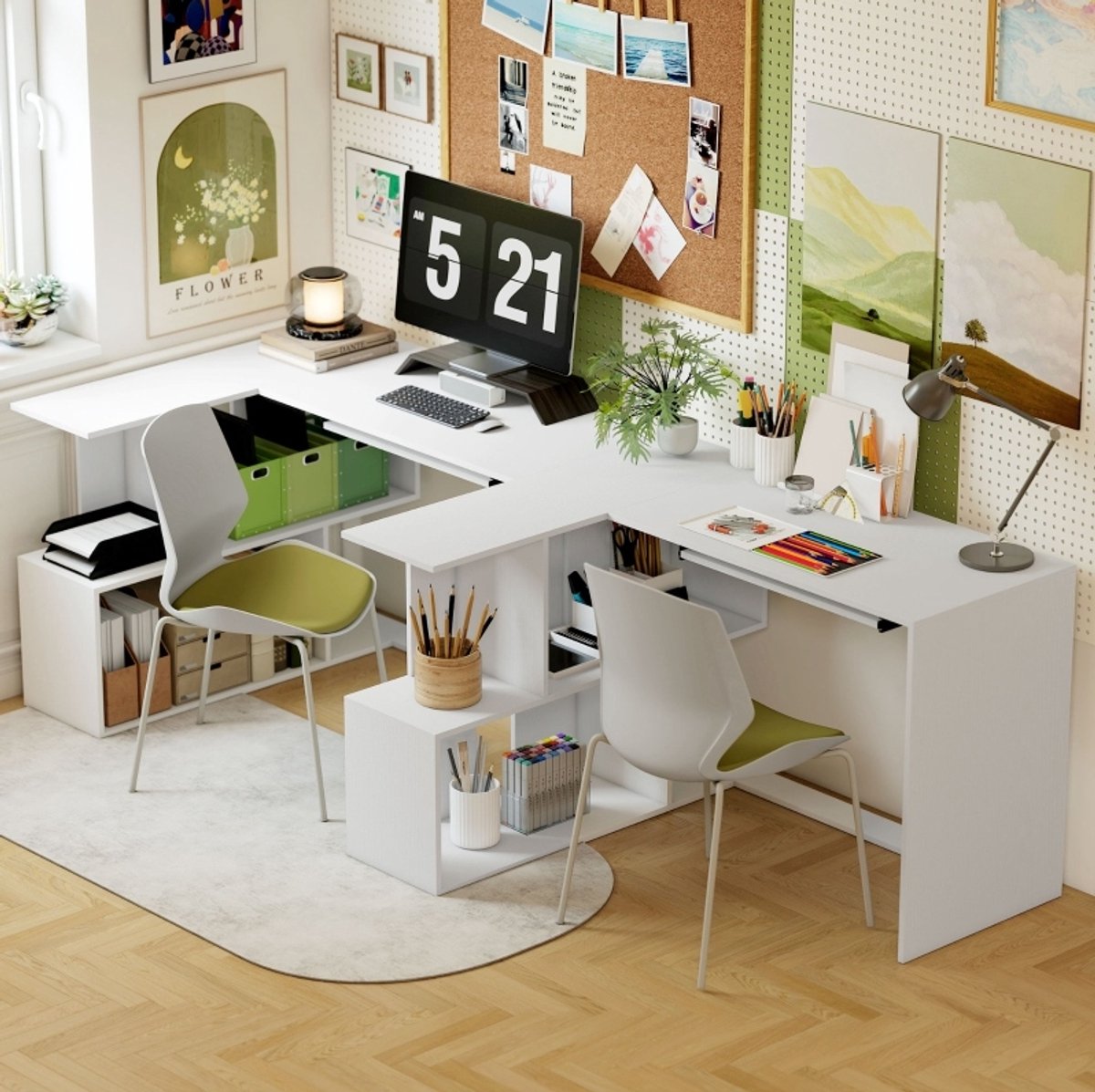 REDOM - Hoekbureau - L vorm - Toetsenbordlade - Open vakken - Melamine oppervlak - Spaanplaat - Wit - 120 x 100 x 76 cm