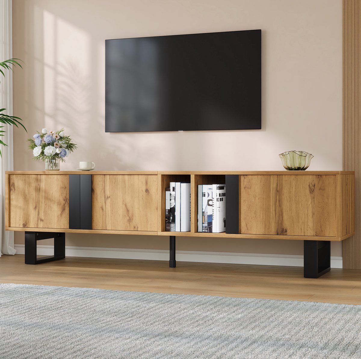REDOM - TV-meubel - asymmetrische opbergruimte - drie deuren - open vakken - kabeldoorvoeren - gedempte scharnieren - houtlook - Naturel - 160 x 40 x 50 cm