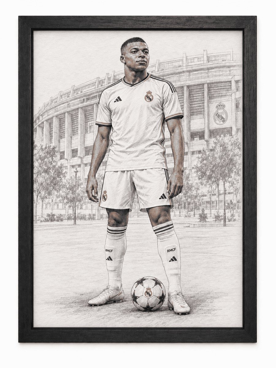 Kylian Mbappé Poster | Real Madrid Schetsstijl | Inclusief Zwarte A3 Lijst