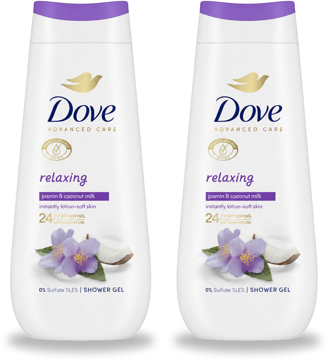 2 x Dove Douchecrème - Relaxing - Kokos & Jasmijn - 225 ml - Voordeelverpakking - 2 stuks