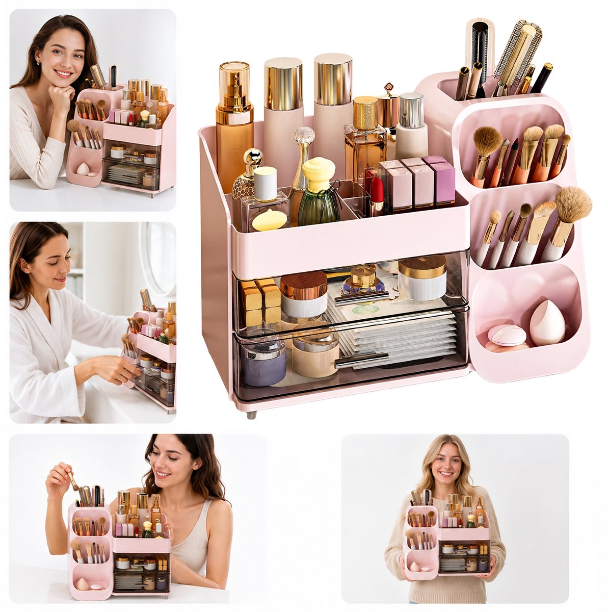 REDOM Make-up Organizer – 34,2 x 17,5 x 25 cm – Meerdere compartimenten – Transparante lades – Ruimtebesparend – Voor dagelijks gebruik – PET + ABS – Roze