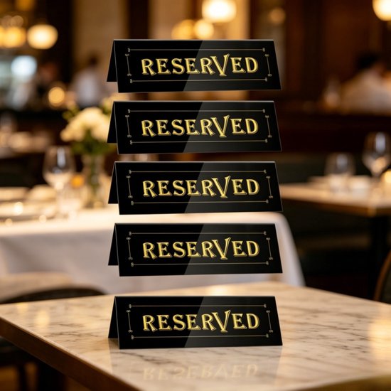 Vijf zwarte acryl gereserveerd-bordjes met gouden tekst 'RESERVED' gestapeld op een marmeren tafel.