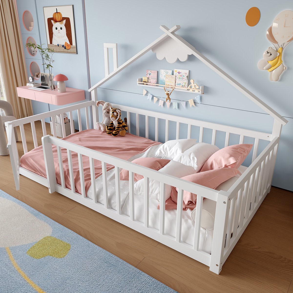 Sweiko Kinderbed - 90 x 190 cm - Met veiligheidsreling - Grenenhout + MDF - Wit