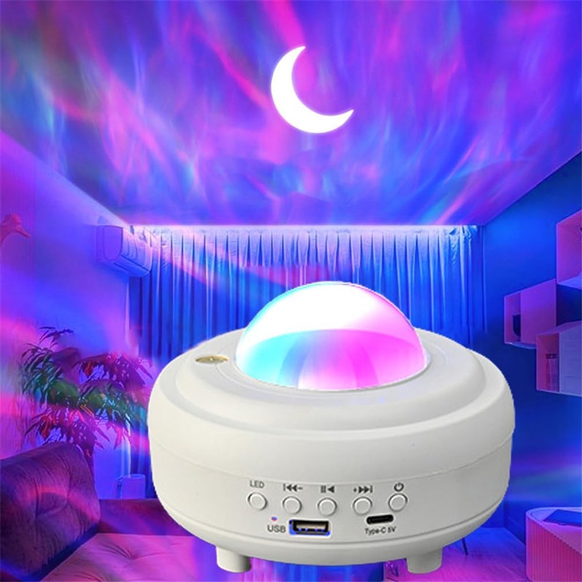 Sterrenhemel Projector - Noorderlicht Roterende Luidsprekerlamp, Ster Projector Nachtlamp, Blue-tooth Usb Kleurveranderend Muziek Nachtlampje, Voor Slaapzalen, Woonkamers, Kantoren (White)